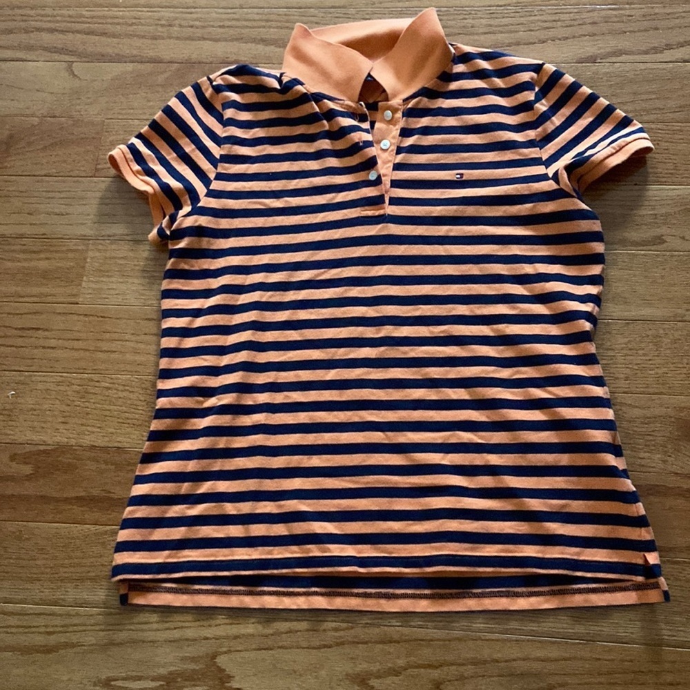 Tommy Hilfiger Orange and Navy striped Polo size XL